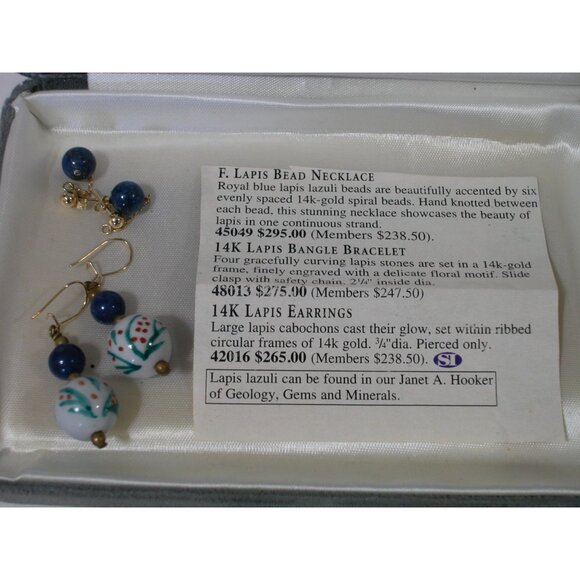 14K Gold Lapis Lazuli Necklace & 2 Pair Earrings Set With Hand-Painted Porcelain - Picture 6 of 7